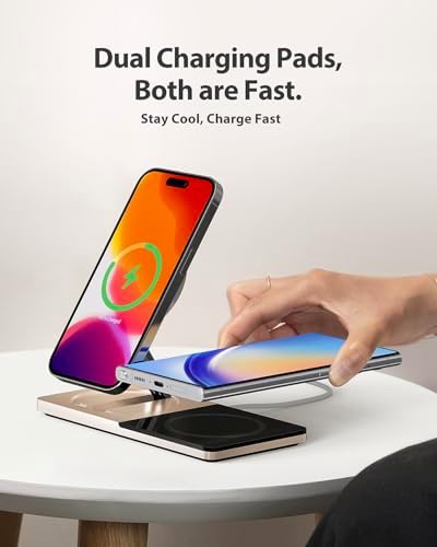 Innovative 2-in-1 Wireless Charging Station for i Phone & Air Pods – Foldable Mag Safe Charger Stand for i Phone 12-16 & Air Pods, Portable Design, Enhanced Magnetic Alignment for Fast Charging, Sleek & Space-Saving Solution for Home & Office Use