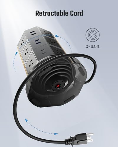 Elevate Your Charging Solutions with the SUPERDANNY Power Strip Tower – 15 W Wireless Charger and 1050 J Surge Protector with 12 AC Outlets, 6 USB Ports (Including 2 USB-C) and 6.5 ft Extension Cord – Ideal for Home Office Organization and Efficient Device Management with Elegant Wood Grain Finish