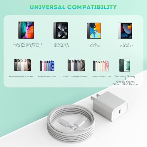 Ultimate 20 W USB-C Fast Charger for i Phone 16 & i Pad – 2 Pack with 6 FT Cable – Rapid Charging Block for i Phone 16 Pro Max/15 Plus/15 Pro & i Pad 10/Mini 6/Air 4/5/Pro 12.9/11 – Compact Design for On-the-Go Power Solutions – Reliable, Durable, and Efficient Charging Accessory