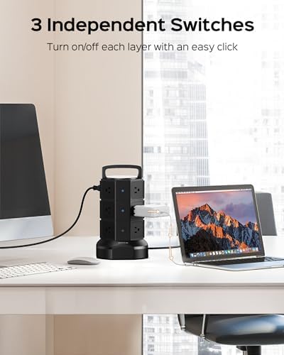 JACKYLED Power Strip Tower Surge Protector with 12 Outlets and 6 USB Ports (2 USB-C) – High-Speed Charging Station with 1050 Joules Protection, 1625 Watts, 6.5 ft Extension Cord for Enhanced Home Office Efficiency and Device Safety