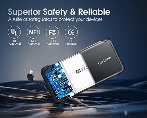 Ultra-Slim Luxtude Portable Charger with Built-in MFi Lightning Cable – 5000 m Ah Power Bank for i Phone 14, 13, 12, 11, 10 | Sleek Metal Black Design for Effortless Charging On-the-Go | Lightweight and Durable Phone Battery Pack for Everyday Use