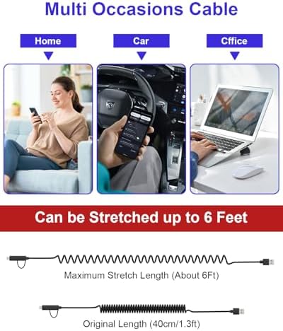 Vibrant Pink Retractable 2-in-1 Charging Cable for Carplay & Android Auto – MFi Certified Lightning and USB-C Fast Charger, 3 A Data Sync Coiled Cord for Ultimate Portability and Style