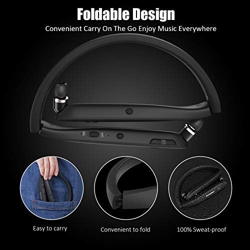 Premium Roomy Roc Bluetooth Neckband Headphones – Wireless Sports Earbuds with Retractable Design, Sweat-Proof Noise Cancelling, and Built-in Mic for Seamless Voice Control (Compatible with Siri & Bixby) – Foldable and Fast Connectivity for Active Lifestyles