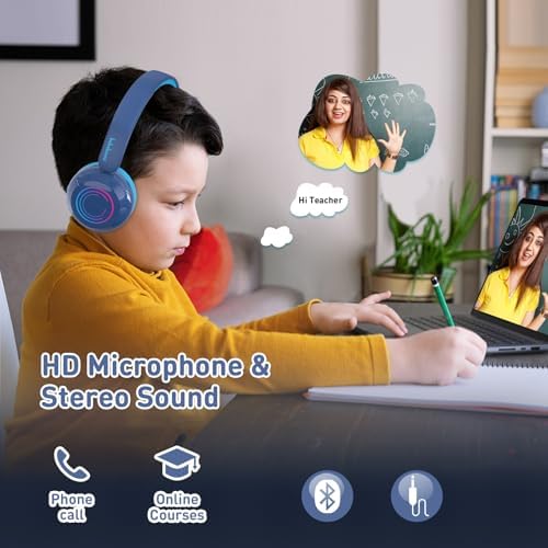 Vibrant LED Bluetooth Headphones for Kids – Lightweight, Hearing-Safe Design with Adjustable Volume Limits, Built-in Microphone, and Ultimate Comfort for School, Travel, and Home – Compatible with Tablets and Smartphones