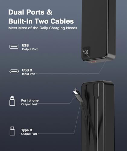 30000 m Ah Portable Power Bank – High-Capacity Fast Charger with Dual Built-In Cables for i Phone 15/14/13, Samsung Galaxy, and i Pad – 22.5 W PD QC4.0 Quick Charge Technology – Sleek Black Design for On-the-Go Charging