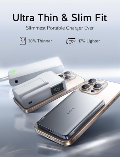 LISEN 0.3-Inch Ultra Slim Mag Safe Portable Charger for i Phone – 5000 m Ah Wireless Battery Pack for Effortless Travel Charging – Essential Magnetic Power Bank Compatible with i Phone 16 Pro Max/15/14/13/12 – Fast Charging, Lightweight Design for On-the-Go Convenience