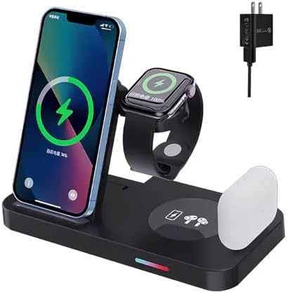 Ultimate 6-in-1 Wireless Charging Dock for i Phone 16/15/14/13, Apple Watch Series, Air Pods Pro – Super-Fast Qi-Certified Charging Station with QC3.0 Adapter for Seamless Device Compatibility and Safety Features – Perfect for Home and Travel Use