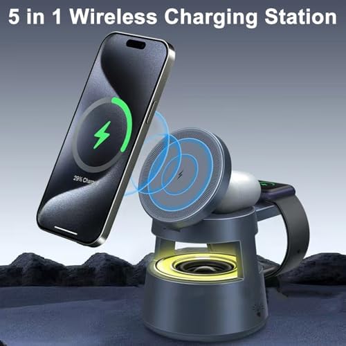 Ultimate 5-in-1 Wireless Charging Station with Bluetooth Speaker & Adjustable Night Lamp – Fast Mag Safe Charger for i Phone, Apple Watch Ultra, and Air Pods – Your All-in-One Solution for Seamless Device Charging and Enhanced Audio Experience