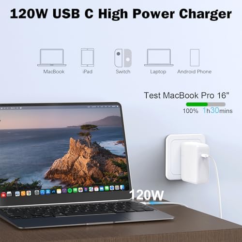 Ultra-Fast 120 W USB-C Mac Book Pro Charger for 13-16 Inch Models – High-Efficiency, Universal Compatibility with i Pad Pro and Samsung Galaxy – Smart Power Management for Safer, Longer Battery Life – Portable Design with 6.6 Ft Cable for Home and Travel Use – Built-In IC Chip Technology for Overheating and Short-Circuit Protection – Experience Rapid Charging from 0% to 80% in Just 18 Minutes – Elevate Your Charging Experience with Durable, Foldable Convenience.