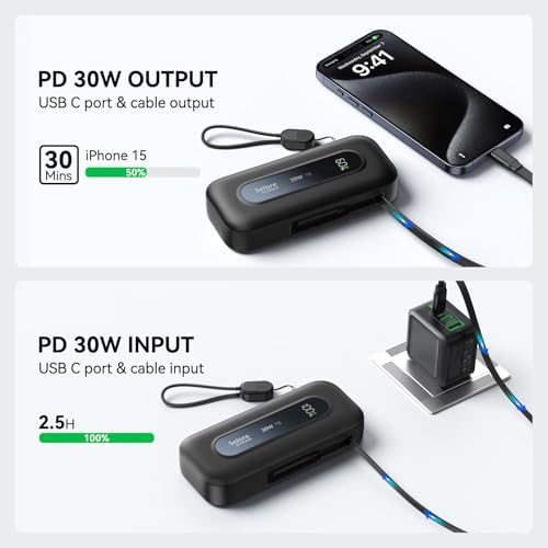 Ultra-Portable 10,000 m Ah Power Bank with Retractable Cable & USB-C to Lightning Compatibility – 30 W Fast Charging Battery Pack for i Phone 16/15/14/13 & Samsung Devices – LED Display for Easy Monitoring – Essential Travel Charger for On-the-Go Power Solutions