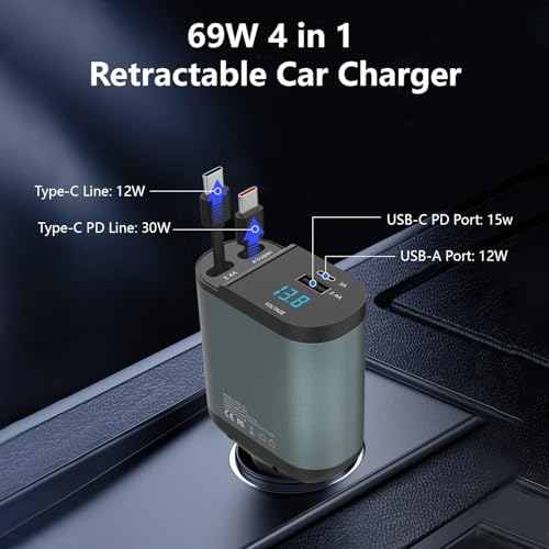 69 W Retractable Car Charger – 4-in-1 Fast Charging Solution with 2.6 ft Cables, Dual USB C & A Ports for i Phone 16/15/14/13/12/11, Galaxy, Pixel & Samsung Devices – Ultimate Travel Accessory for Seamless Power on the Road