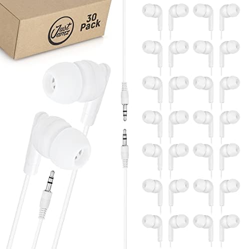 Affordable Pearl White In-Ear Earbuds – 30 Pack Disposable Headphones with 3.5 mm Audio Jack for Schools and Classrooms – Lightweight Comfort, Enhanced Sound Quality, Ideal for Group Learning and Hygiene Solutions
