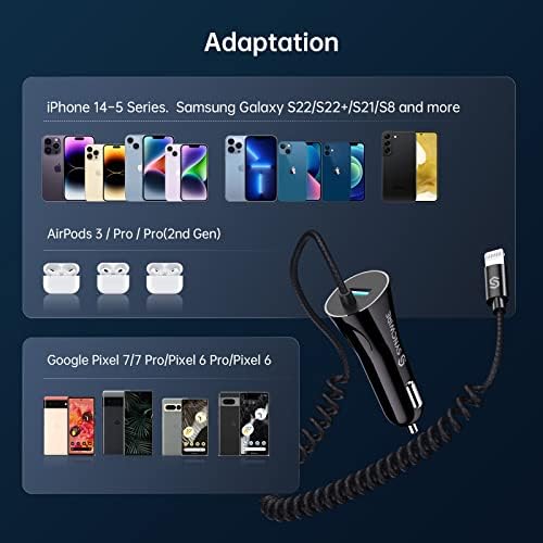Syncwire 4.8 A Fast Car Charger for Apple Devices – MFi Certified Dual USB Adapter with 8 FT Coiled Lightning Cable for i Phone 14/13/12/11/XR/Max & i Pad – Ultimate Road Trip Charging Solution with Enhanced Safety Features