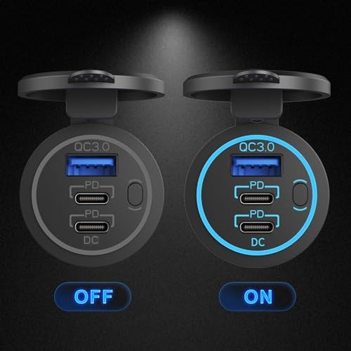 High-Speed 2 Pack 12 V USB Outlet Wired Charger with Dual PD3.0 and Quick Charge 3.0 – Multi-Port Fast Charging Solution for Car, Boat, RV, ATV – Enhanced Compatibility for Phones & Tablets, Energy-Efficient Power Switch