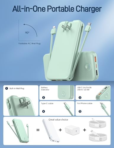 Ultra-Fast Charging Portable Power Bank with Built-In Cable and AC Plug – 12,000 m Ah USB C Travel Charger for i Phone and Android Devices – Lightweight, Compact Design for On-the-Go Power Solutions