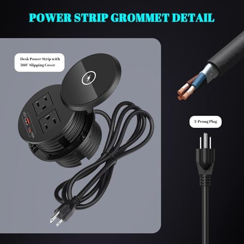 Recessed 20 W USB-C Power Grommet with 15 W Wireless Charger – Sleek Desk Power Strip Featuring 2 AC Outlets, 18 W USB-A Port, and 6 FT Cord for Ultimate Convenience in Home and Office Environments – Ideal for Efficient Charging and Enhanced Productivity