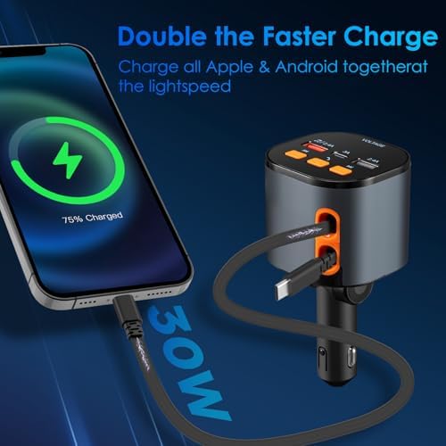 Ultimate 5-in-1 Fast Car Charger with Bluetooth 5.3 FM Transmitter – 90 W Retractable Charging Hub for i Phone 15/14/13 – Hands-Free Calling and Dual USB Ports for Seamless Connectivity and Quick Charging – Compact Black Design for Enhanced In-Car Experience