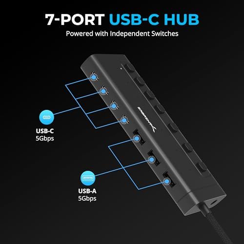 SABRENT 7-Port USB-C Hub: Maximize Efficiency with 3 USB-A & 4 USB-C Ports, 5 Gbps USB 3.2 Speed, 20 W PD Charging, Smart Power Control & LED Indicators – Ideal for Mac, PC, Steam Deck, ROG Ally – Stylish Aluminum Build for Durability & Performance