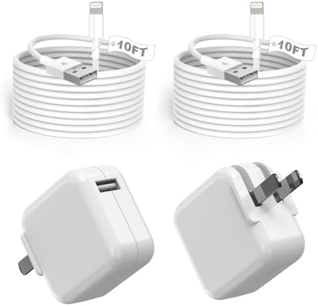 Ultimate 2-Pack i Pad Charger Set: 10 FT Lightning Cable & 12 W Foldable USB Wall Adapter for Quick & Reliable Charging – Compatible with i Pad 4/5/6/7/8/9, Mini & Air Models – Travel-Friendly Design for Uninterrupted Use