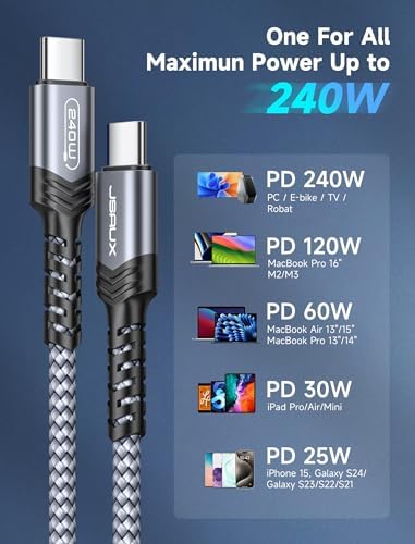 JSAUX 10 FT 240 W USB C to USB C Charging Cable – Premium Nylon Braided Fast Charger for Mac Book Pro, i Phone 16/16 Pro Max, Samsung Galaxy, Pixel – Enhanced Durability and Data Transfer Speeds – Ultimate Compatibility for Modern Devices