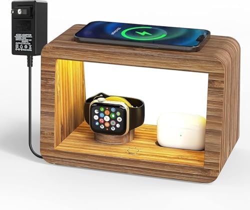 Eco-Friendly Bamboo Charging Station with 15 W Fast Wireless Charging, Adjustable Night Light & Multi-Device Compatibility for i Phone, i Watch, Air Pods, and Samsung – Sleek Nightstand Solution with 3 Color Modes and 4 Brightness Levels, Includes Adapter for Enhanced Efficiency