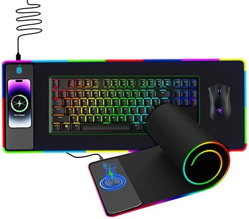 Elevate Your Gaming & Productivity with the 12″ x 35.5″ Wireless Charging RGB Mouse Pad – Large Non-Slip Desk Mat Featuring 10 Customizable RGB Backlight Colors, Fast Wireless Charging for i Phones & More, Perfect for Ergonomic Gaming Setups and Enhanced Workspace Organization