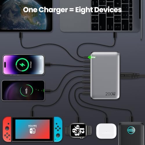 Powerful 200 W Ga N III USB C Multi-Device Charging Hub – 8-Port Rapid Charger for Mac Book Pro/Air, DELL, i Phone 16/15/14, Galaxy S23/22 – PD 65 W Laptop Adapter for Effortless Portability and Enhanced Connectivity Solutions