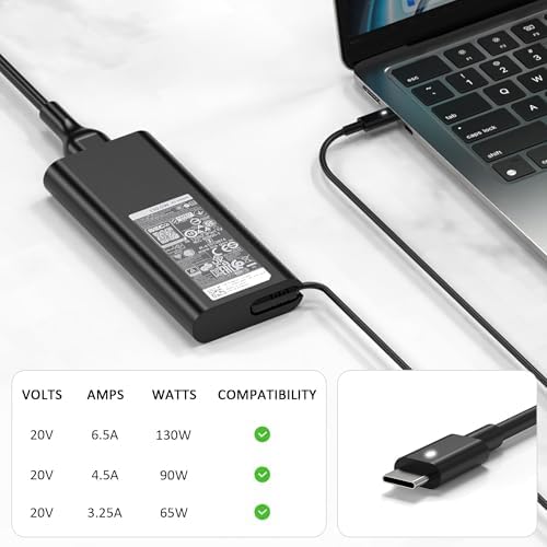 Premium 130 W USB-C Power Adapter for Dell Laptops – Universal Compatibility with XPS 15, XPS 17, Precision 5000 Series, Latitude & Alienware – Fast Charging AC Charger for Enhanced Device Performance – Optimal Replacement for Original Dell Chargers – Input Voltage 100-240 V, Output 5 V/20 V – Exceptional Durability & 24/7 Customer Support for Peace of Mind