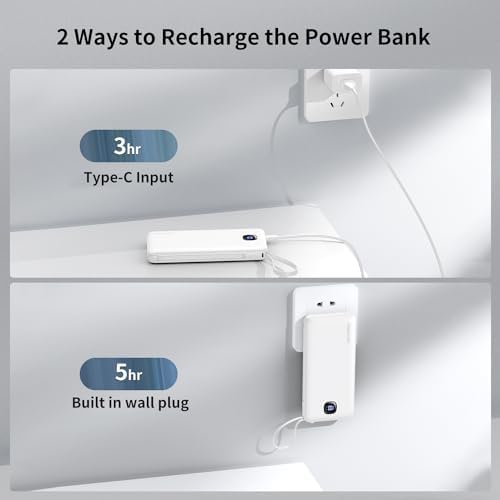 Ultra-Slim 10000 m Ah Fast Charging Power Bank with Built-In Cables & AC Plug – Versatile 5 Output USB-C Portable Charger for i Phones, Samsung, Android & More – Perfect for Travel & On-the-Go Power Solutions