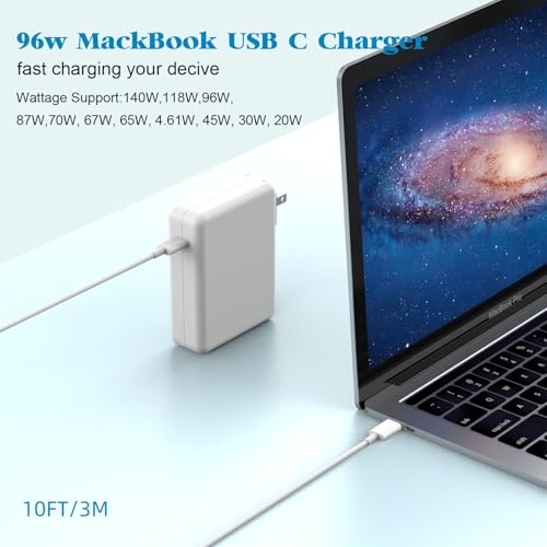 High-Efficiency 96 W USB-C Mac Book Charger with 10 ft 140 W Cable | Ultra-Fast Charging for Mac Book Pro & Air | Compact Folding Design for Easy Portability | Universal Compatibility with M1, M2, M3 Models & i Pad Pro | Enhanced Safety Features for Reliable Performance
