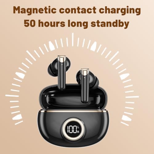Unleash Your Music with 50-Hour Playtime Wireless Bluetooth Earbuds – IPX7 Waterproof & Noise-Cancelling Technology for Active Lifestyles | Ergonomic Chic Beige Design with Integrated Microphone & LED Battery Gauge for Effortless Connectivity and Ultimate Comfort