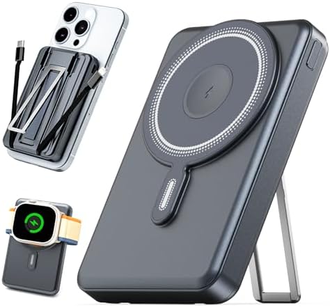 Ultimate 5-in-1 Mag Safe Portable Charger – 10,000 m Ah Wireless Magnetic Power Bank for Apple Devices – Fast Charging Battery Pack with Built-in Stand for i Phone 16 Pro Max/15/14/13 Mini & Apple Watch – Sleek Black Design for On-the-Go Power Solutions