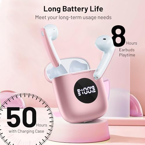 Premium Pink IP7 Waterproof Wireless Earbuds with Superior Noise-Cancelling Technology – Ultimate 50-Hour Playback & LED Charging Case for Enhanced Comfort in Sports and Daily Life