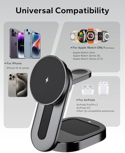 KPON Premium 3-in-1 Foldable Wireless Charging Station for Apple Devices – Mag Safe Compatible Charger Dock for i Phone 16/15/14/13/Pro/Pro Max/Plus/Mini, Apple Watch & Air Pods – Portable Multi-Device Charging Solution with Enhanced Magnetic Stability and Travel-Friendly Design