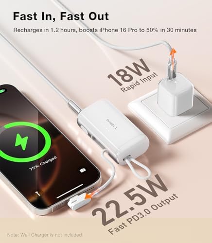 Pogomini Ultra-Compact 5000 m Ah Power Bank with Built-in USB-C Cable – 22.5 W Fast Charging for i Phone 16, Galaxy S25 & More – Ideal Travel Backup Battery, Sleek Arctic White Design for Effortless Portability and Universal Compatibility