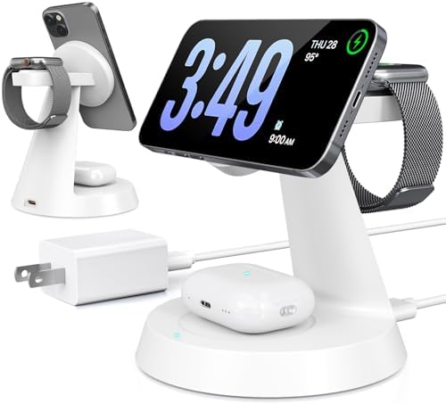 Sleek Pink 3-in-1 Wireless Charging Station for Apple Devices – 15 W Mag Safe Fast Charger Stand for i Phone 16/15/14/13/12, Air Pods & i Watch – Magnetic Alignment for Effortless Power-Up & Clutter-Free Workspace
