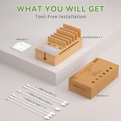 Pezin & Hulin Eco-Friendly Bamboo Cable Management Box – Sleek Desktop Organizer with 6 Cables for Tidy Charging Station, Stylish Wire Organizer for Electronic Devices, Enhances Workspace Efficiency and Aesthetics