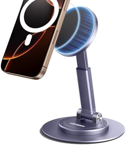UGREEN Magnetic Phone Stand for MagSafe, Height Adjustable iPhone Stand for Desk with 360° Rotation Compatible for iPhone 16 15 Pro Max 14 Pro 13 12 and MagSafe Case, Black – Enhanced Compatibility and Speed