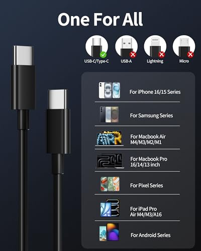 Ultra-Fast USB C to USB C Charging Cable – 2-Pack 3 FT Type C Charger Cord for i Phone 16/15 Pro Max/Plus, i Pad Pro/Air/Mini, Mac Book, Samsung Galaxy S25/S24/S23, Google Pixel 9/8/7 & Android Devices – Durable, Tangle-Free Design for Optimal Performance and Versatility