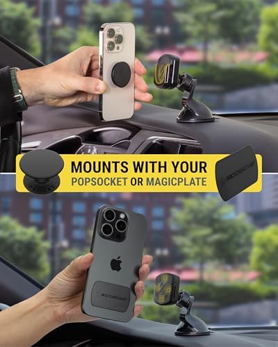 Scosche Magic Mount Pop: 360° Magnetic Suction Cup Phone Holder for Safe and Convenient Driving – Universal Compatibility with i Phone & Android Smartphones, Easy Installation, and Enhanced Usability for Collapsible Grips