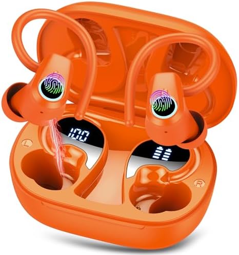 Vibrant Vitality Orange Bluetooth 5.3 Wireless Earbuds – Sport-Ready Noise Cancelling Headphones with 50-Hour Playtime, IP7 Waterproof Rating for Ultimate Durability, Dual LED Display for Quick Connectivity with Android & i OS Devices