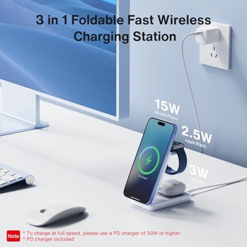 Foldable 3-in-1 Wireless Charging Station for Apple Devices – Fast Charge i Phone, Apple Watch & Air Pods with Enhanced Compatibility – Travel-Friendly Design with Adjustable Stand – Safe and Compact Charging Solution with 33 W PD Charger Included