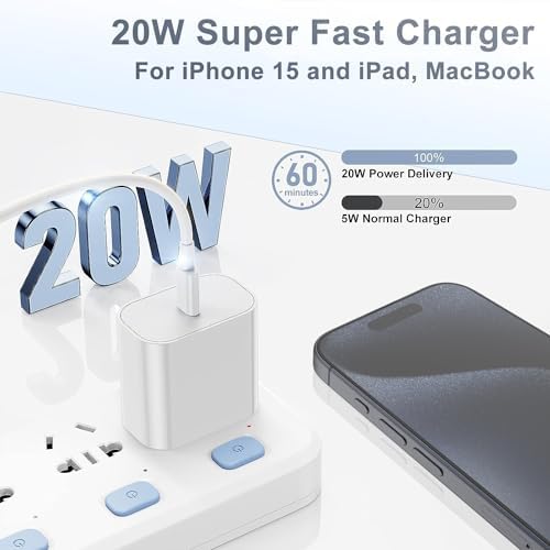 Elevate Your Charging Experience with the 20 W USB-C Power Adapter & 10 ft Type C Cable – Perfectly Engineered for i Phone 16/15, i Pad Pro, and Air Pods – Compact Wall Charger for Accelerated Power Delivery and Unmatched Portability – Superior Charging Speed for All Your Apple Devices on the Go