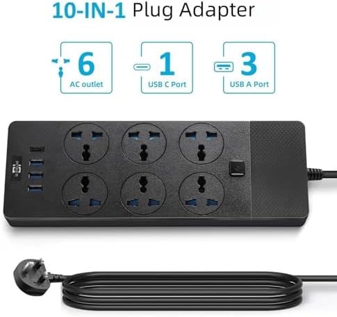 Jumpso 3000 W Universal Power Adapter with 4 Fast-Charging USB Ports (1 USB-C) – 6 ft Heavy-Duty Extension Cord for Global Travel & Home Office Use – Versatile Power Strip with International Outlets, Safe Overload Protection, and Sleek Design for Effortless Device Connectivity