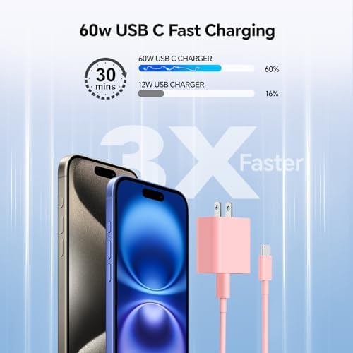 Lightning-Fast 20 W USB-C Wall Charger & 10 FT Cable for i Phone 15/16/Plus/Pro Max – Sleek Pink-Blue Power Adapter for Ultimate Charging Performance and Versatile Use