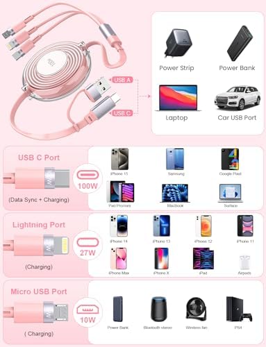 Versatile 3-in-1 Retractable Charging Cable for Ultimate Device Compatibility – 100 W Fast Charging USB-C, Lightning, and Micro USB for i Phone 16/15/14 Pro Max, Samsung Galaxy, Kindle – Portable Travel Charger with Sleek Black Design for Effortless Power on the Go