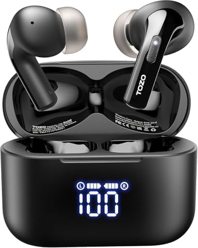 TOZO T20 Wireless Earbuds – Ultimate 48.5 Hour Playtime, IPX8 Waterproof Design for All-Weather Use, Dual Microphone Noise Cancellation for Clear Calls, 10 mm Speakers Delivering Rich Audio, Advanced 2025 Bluetooth Connectivity with Real-Time LED Battery Display