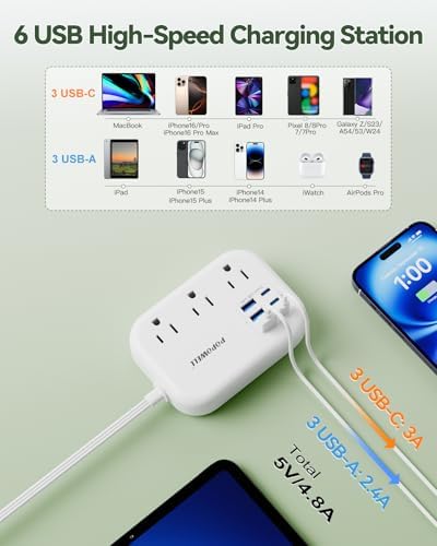 Compact 6-Port USB Power Strip with 3 AC Outlets and 6 USB Charging Ports for Ultimate Travel Convenience – 24 W/4.8 A Power Delivery, 3 FT Extension Cord, Slim Flat Plug Ideal for Cruise Ships, Offices, Dorms, and i Phone 15 Compatibility – Essential Multi-Port Charger for Efficient Device Charging