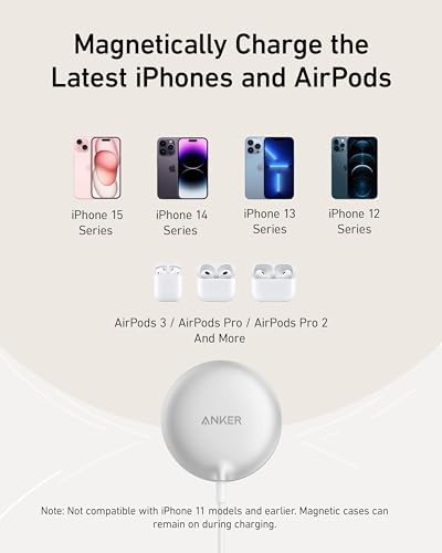Anker Mag Safe Charging Pad for i Phone 16 Series – Qi2 Certified 15 W Fast Wireless Charger with Magnetic Alignment, Compatible with i Phone 16/16 Plus/16 Pro/16 Pro Max/15/14/13/12 – Sleek, Portable Design for Effortless Power-Up and Enhanced Stability
