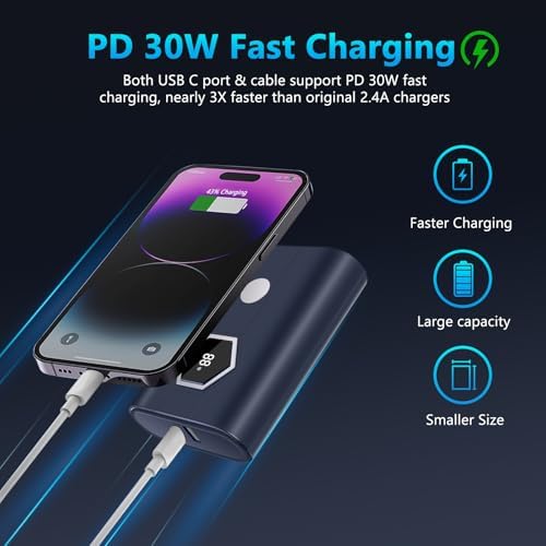 Miady 30 W Fast Charging Power Bank – 20,000 m Ah Portable Charger with Integrated USB-C Cable and LED Battery Indicator for i Phone 16/15/14/13, Galaxy, Android, and i Pad – Ultimate On-the-Go Power Solution for All Your Devices